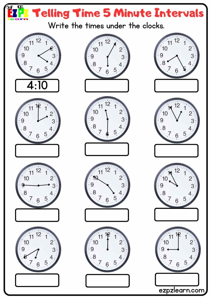 Children's worksheet for practicing telling time by drawing clock hands to match specified times
