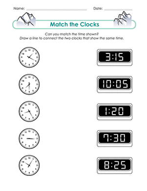Second grade students practice telling time by drawing lines between analog and digital clocks on this worksheet
