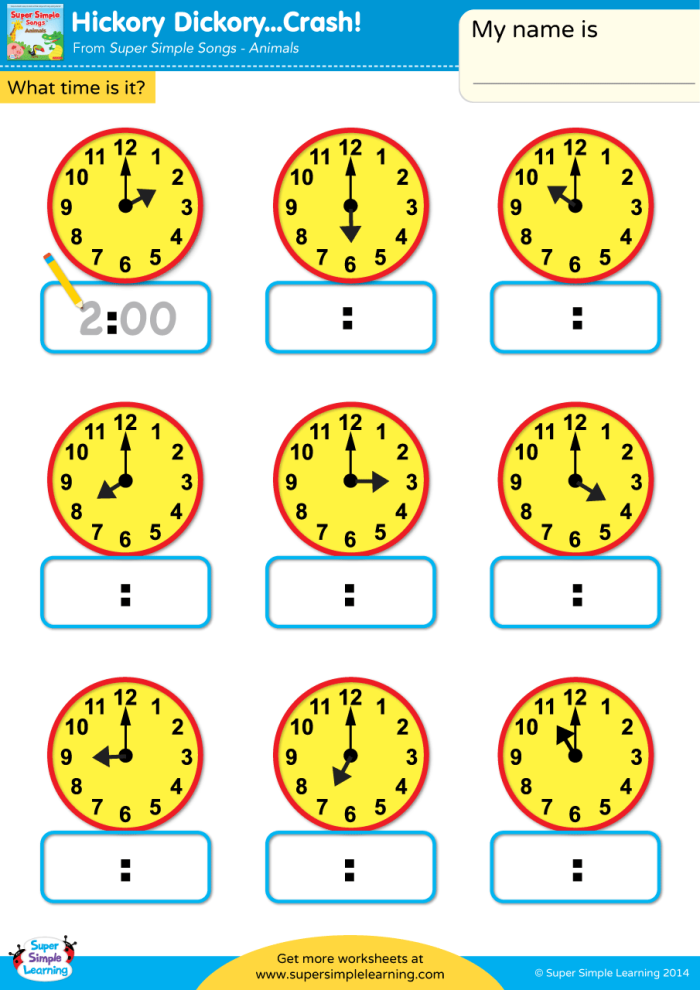 Second grade students matching analog clock faces to digital time displays on a learning worksheet