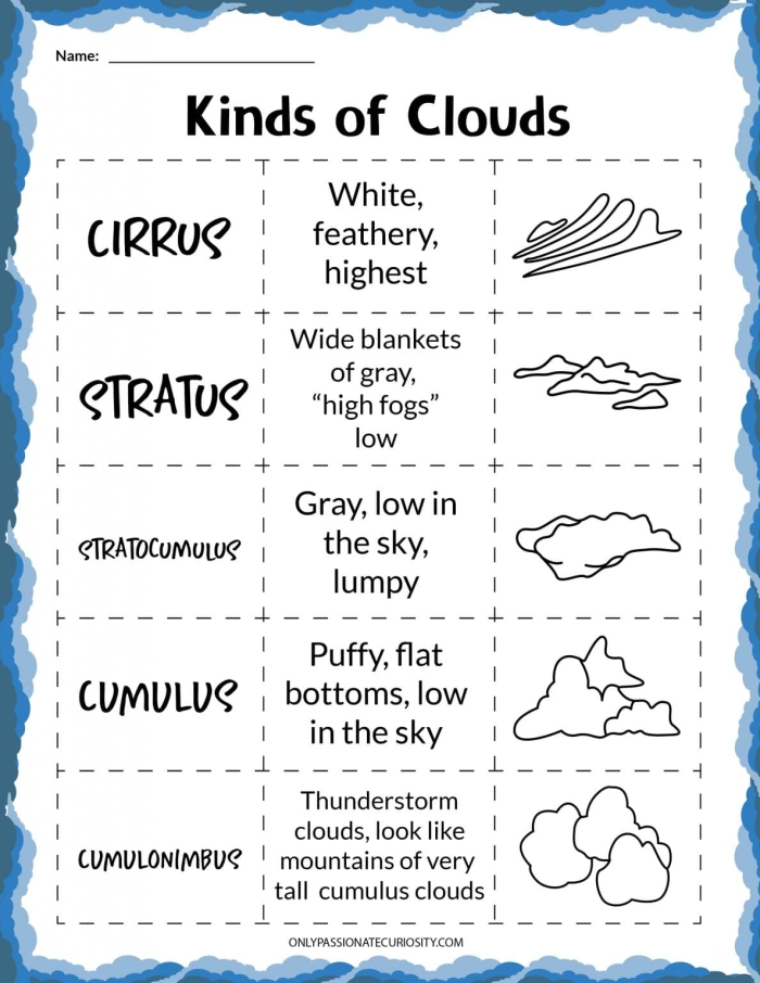 Types of Clouds Worksheet for Second Graders Colorful illustration of various cloud types for a second-grade science worksheet