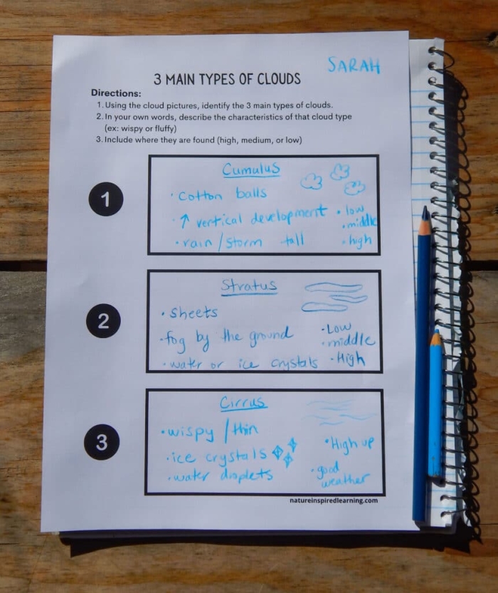 Types of Clouds Worksheet for Young Learners Colorful illustration of various types of clouds for a second-grade worksheet