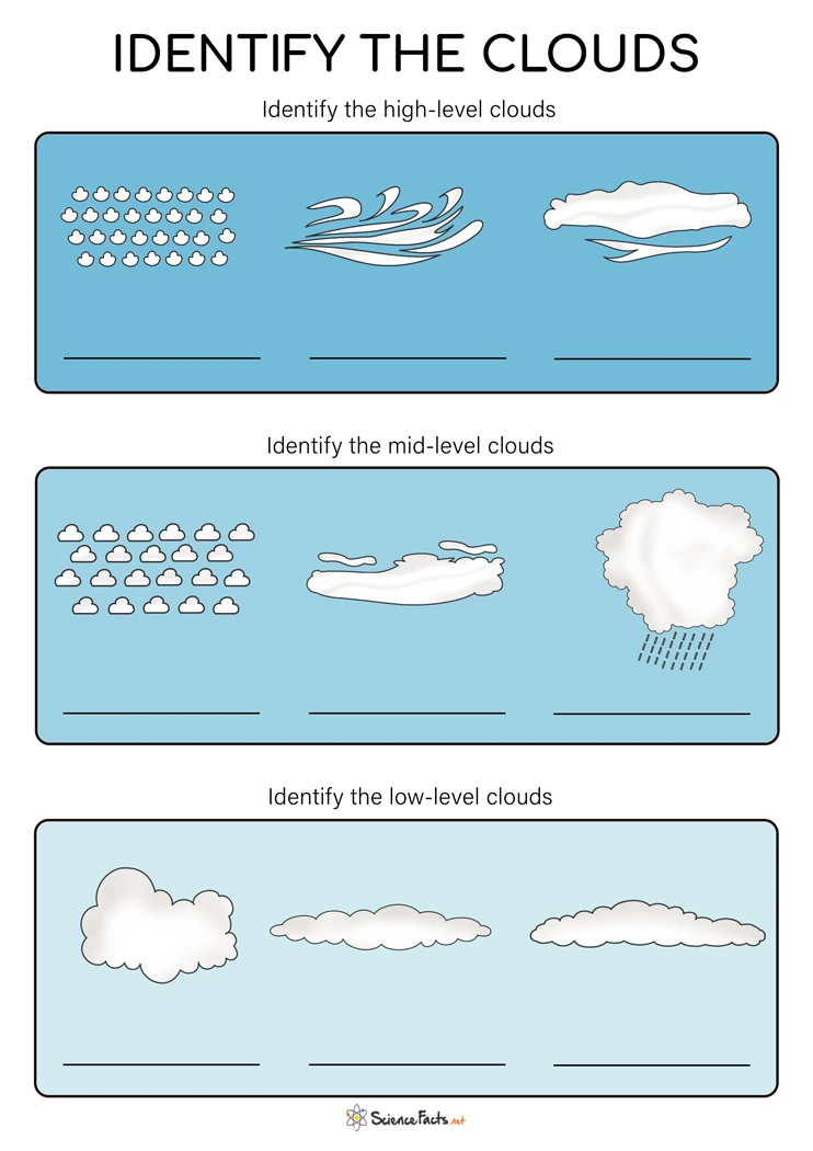 Types of Clouds Worksheet for Second Graders Colorful illustration of various types of clouds for a second-grade worksheet