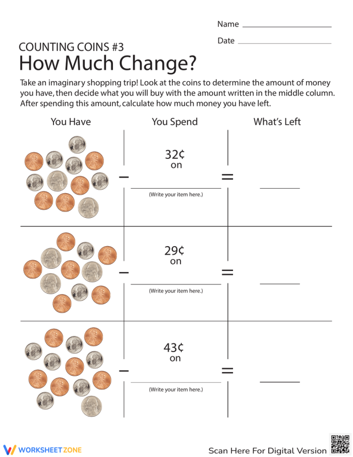 Second grade math worksheet showing various coins to count and match to the correct money amount
