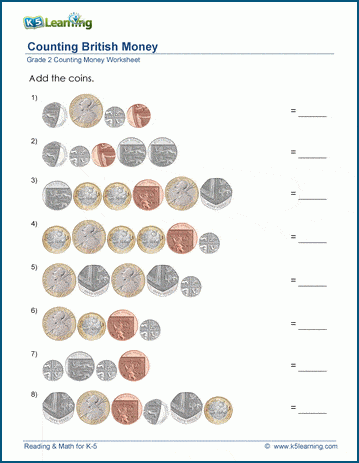 Second grade math worksheet showing various coins that students count and match to the correct money amount