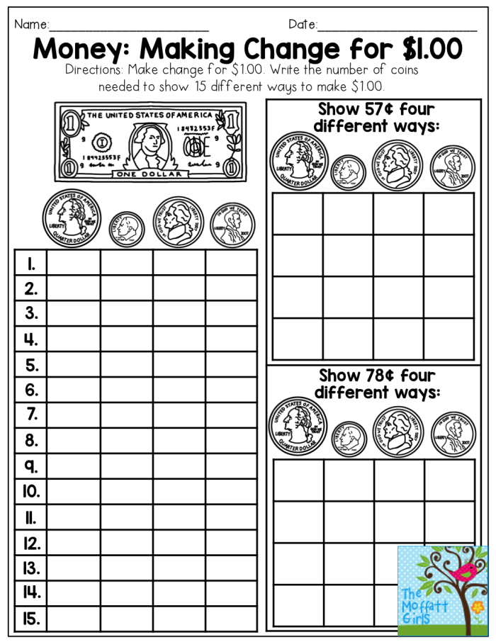 Second grade math worksheet for counting coins and identifying the total change