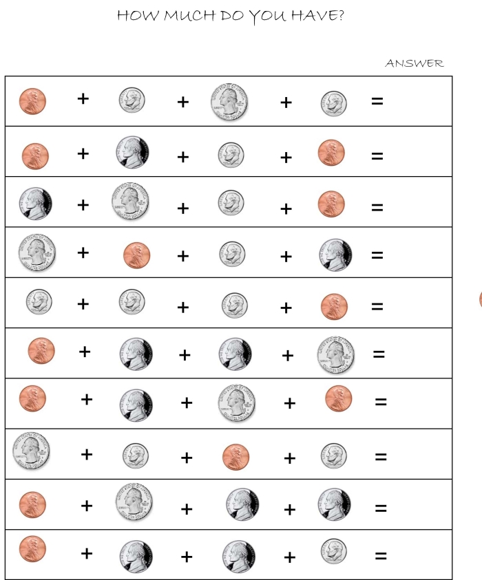 Counting Money and Dollars Worksheet Number Twenty One Second grade math worksheet featuring coin and dollar addition practice for counting money