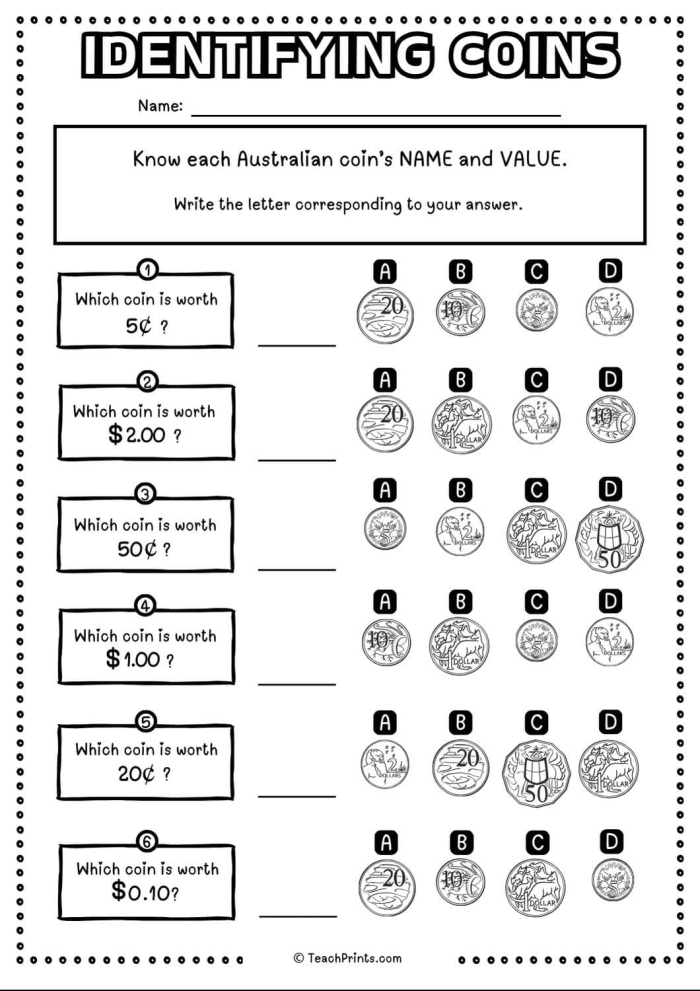 Second grade worksheet showing U.S. coins including pennies, nickels, and dimes for students to identify and practice coin recognition skills