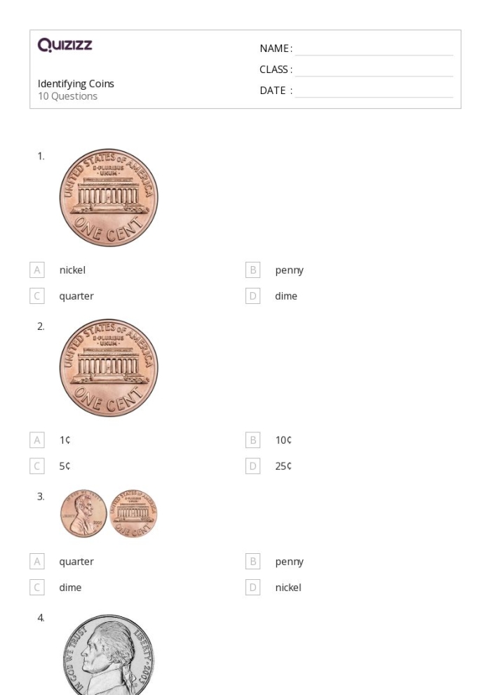 Second grade students identifying pennies nickels and dimes on a math check-in worksheet