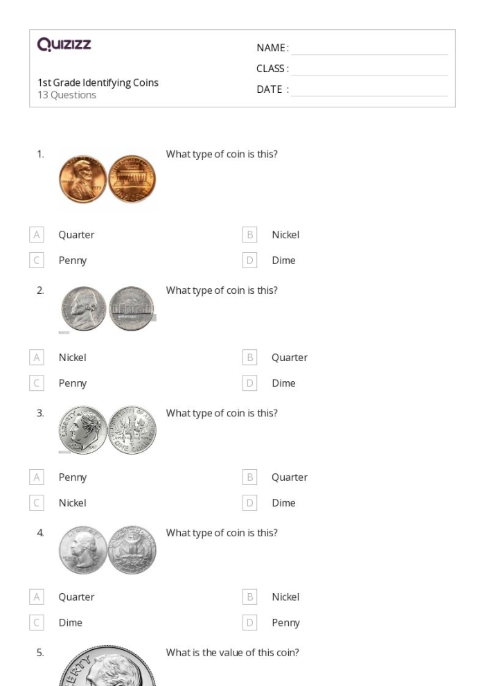 Second grade worksheet showing penny, nickel, and dime coins with identification practice questions for assessing student understanding of U.S. currency