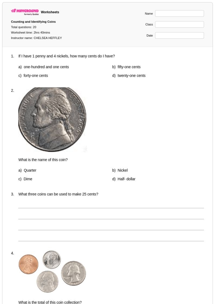 Second grade worksheet showing penny, nickel, and dime coins with identification exercises for assessing coin recognition skills