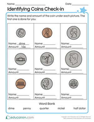 Second grade math worksheet showing U.S. coins including pennies, nickels, and dimes for students to identify and practice coin recognition skills