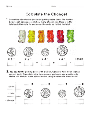 Second grade math worksheet featuring a fun activity to add up the value of coins