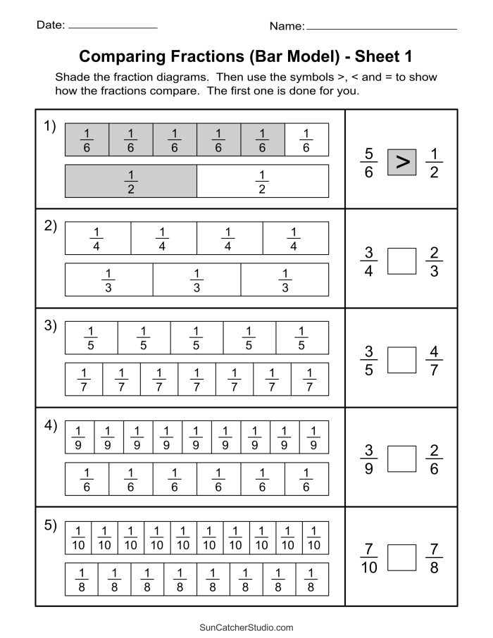 Fraction comparison practice activity showing halves and fourths for elementary learners Second grade student comparing fraction sizes with visual fraction models on a worksheet
