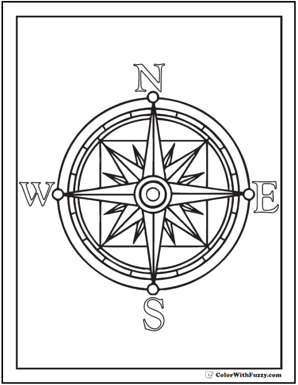 Compass rose coloring page worksheet designed for second graders to learn basic directions