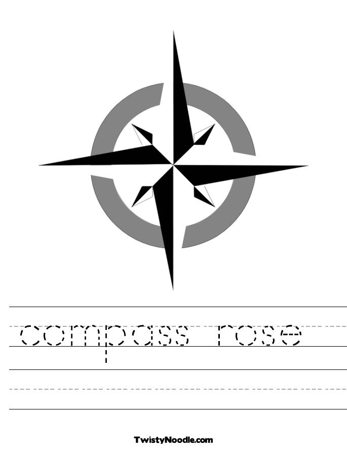 Coloring page featuring a compass rose for teaching directions to second graders