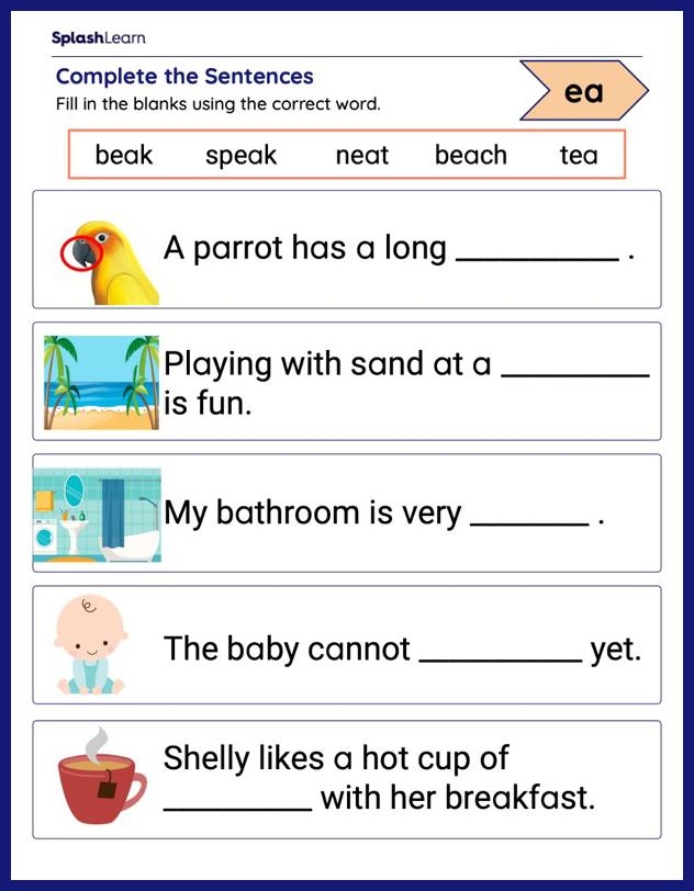 Engaging activity for kids to practice nouns and verbs while completing sentences A colorful Complete the Sentence worksheet designed for second graders focusing on syllables