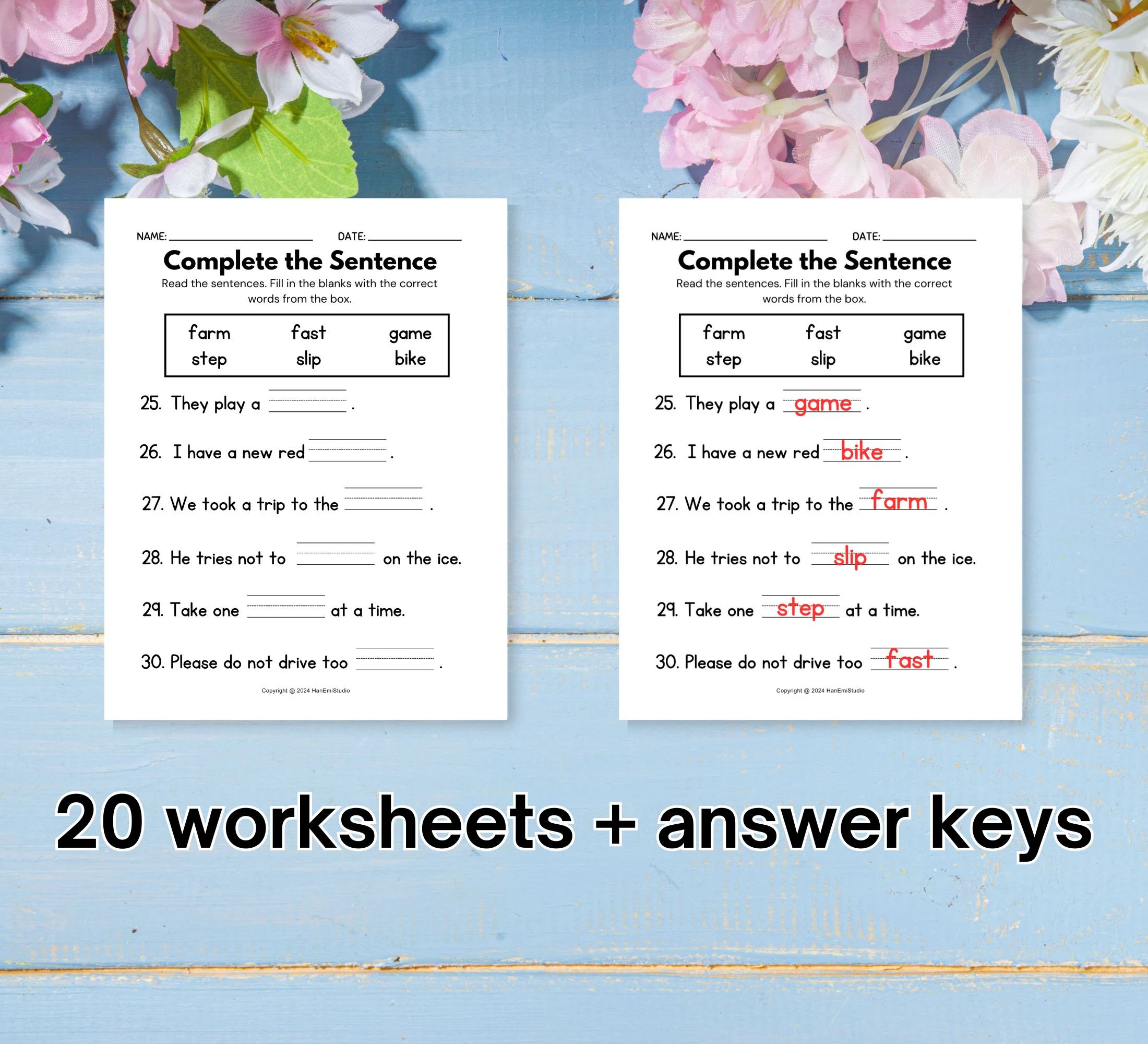 Fun and engaging sentence completion activity for young learners Complete the Sentence worksheet for second graders focusing on nouns and verbs