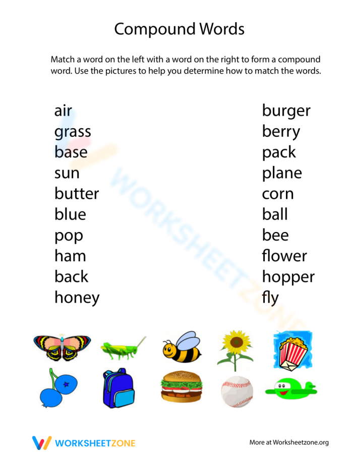 Practice sheet for forming compound words in a fun and educational way Worksheet for making compound words with engaging examples for second graders