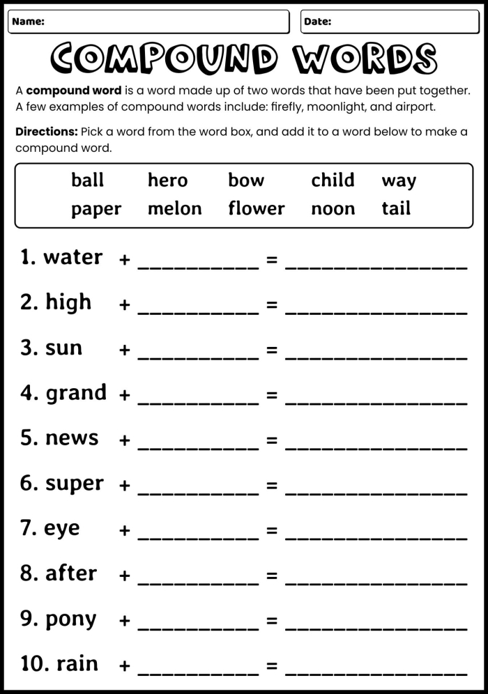 Engaging compound words worksheet designed for young learners in history class. Worksheet featuring a fun activity for second graders to practice creating compound words by matching pairs.