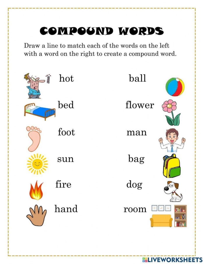 Word Addition Compound Words Worksheet 13 for Second Grade Measurement Skills Second grade worksheet showing a compound word addition exercise with gold and fish combining into goldfish