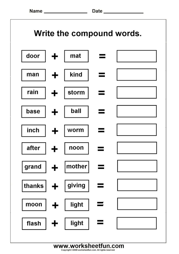 Word Addition Compound Words 3 Worksheet for 2nd Grade Students Second grade compound word addition worksheet featuring gold and fish combining into goldfish
