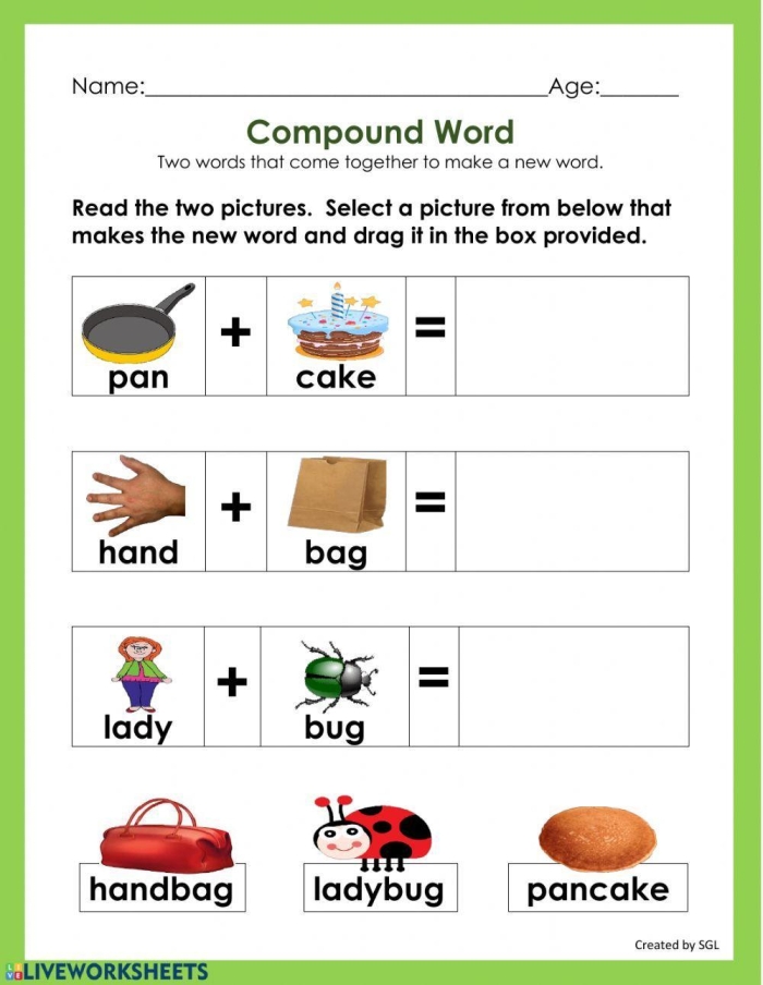 Second grade student solving a picture-based compound word addition worksheet