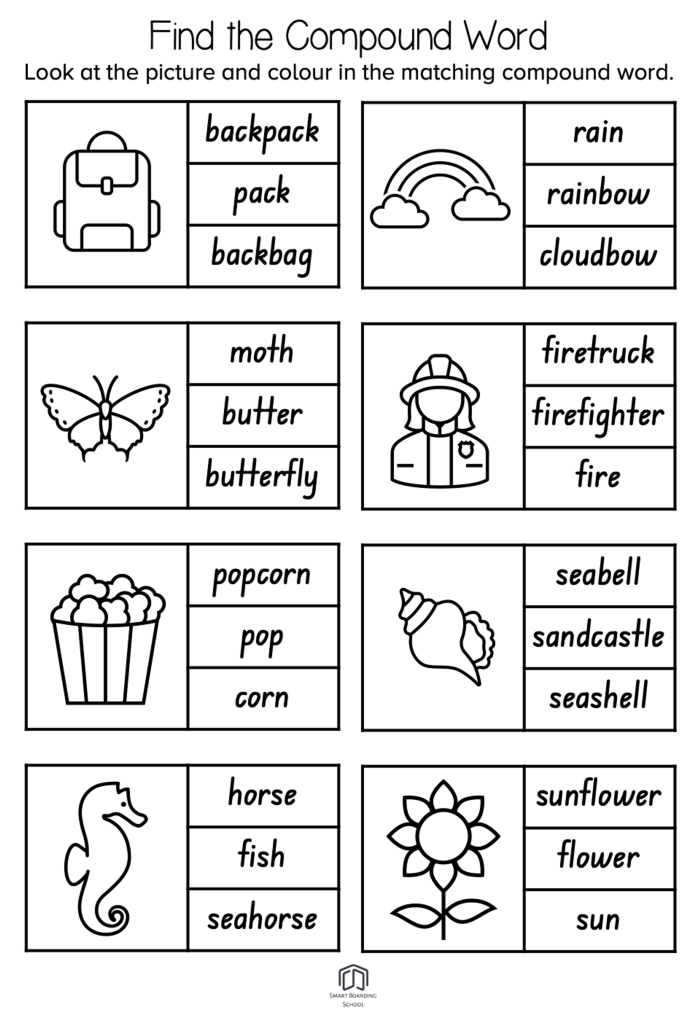 Worksheet featuring students learning about compound words by breaking them into two components
