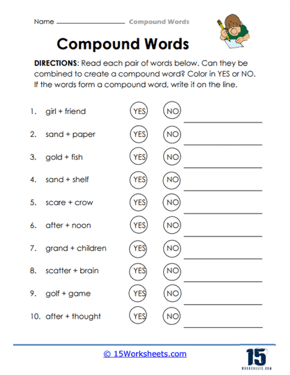 Second grade worksheet about building compound words with picture clues for word addition 23