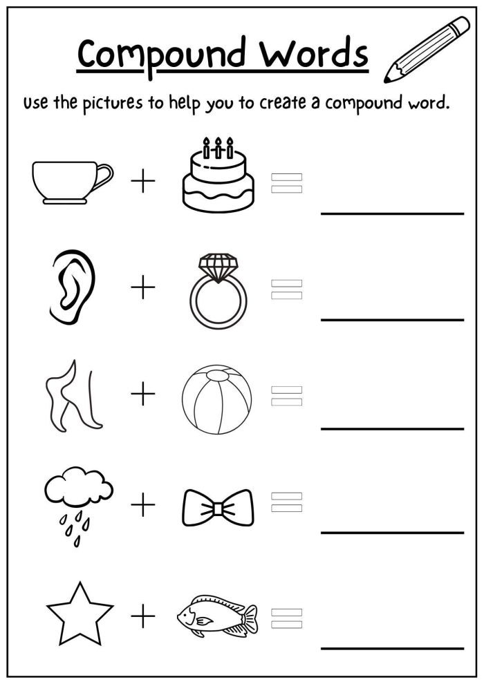 Second grade student worksheet for identifying and breaking down compound words into two separate parts