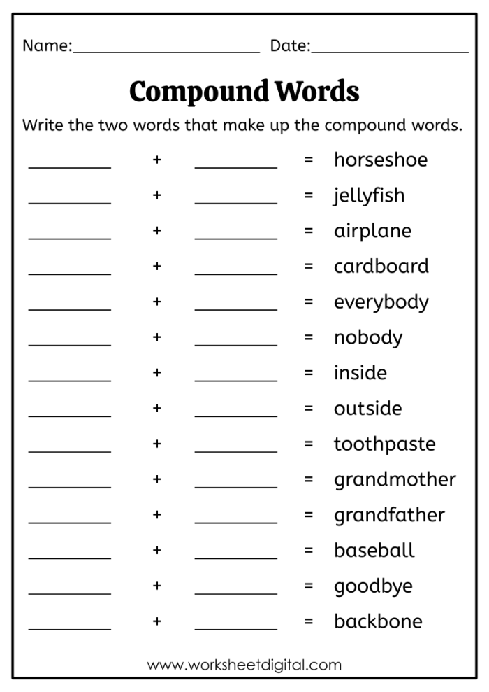 Second grade student worksheet for identifying and breaking down seventeen different compound words