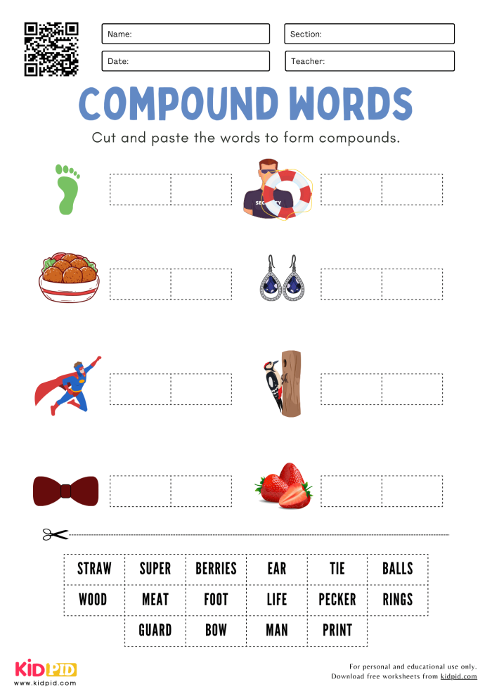 Engaging practice sheet to help children learn about compound words Worksheet for practicing compound words for second graders