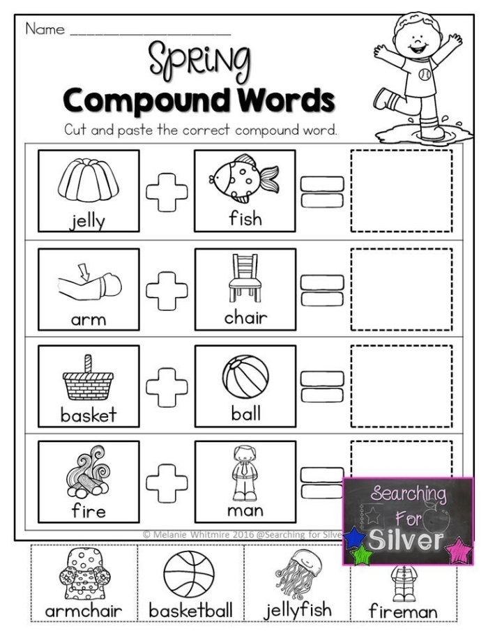 Second grade student worksheet about breaking down compound words into two distinct parts