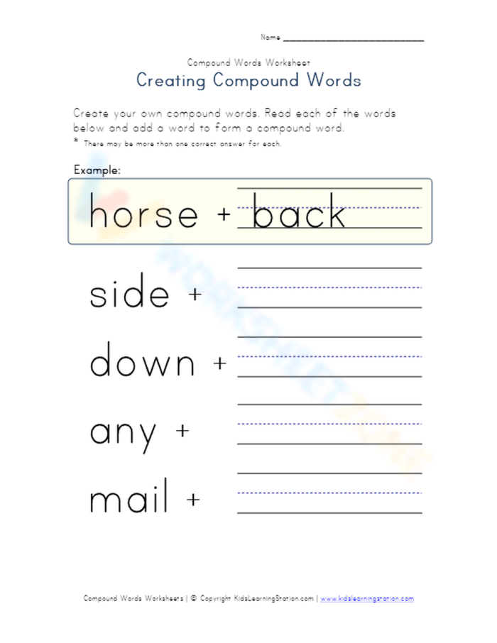 Second grade worksheet page for identifying and breaking down compound words into two separate parts