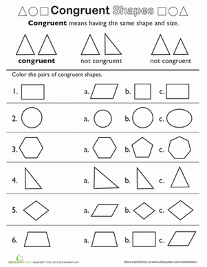 Shape Basics Congruent Shapes Learning Exercise for Elementary Math Second grade students identifying matching congruent shapes on a geometry worksheet activity