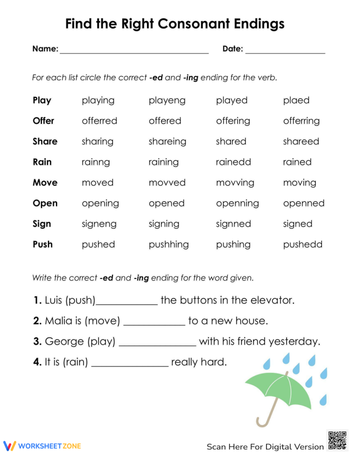 Image 15: Find the Right Consonant Endings worksheet for strengthening verb spelling skills Second grade spelling worksheet showing verb endings with -ed and -ing consonant patterns for students to practice