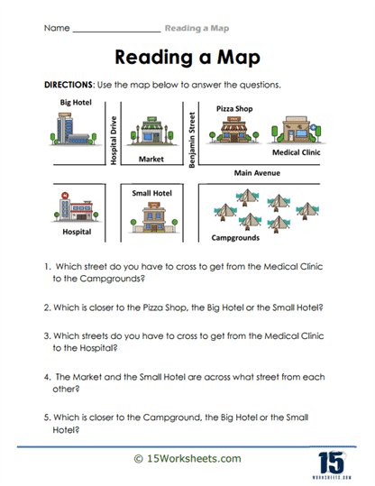 Second grade geography worksheet featuring a construction site map with basic map conventions