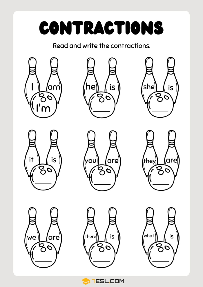 Crystal Clear Contractions worksheet for second grade grammar activity 16 Second grade student filling out a Crystal Clear Contractions grammar practice sheet