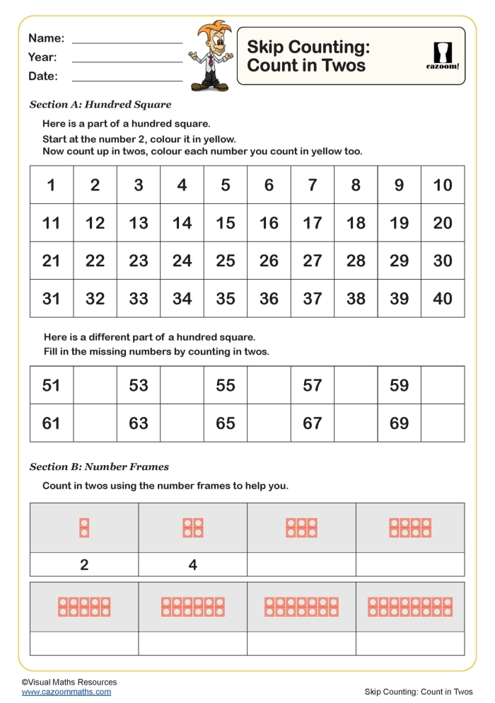 Second grade student skip counting by 2s worksheet with dot patterns