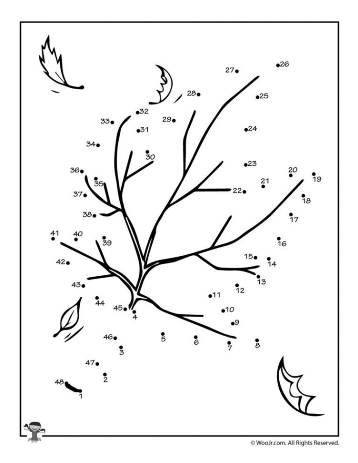 Leaf dot to dot worksheet for second graders featuring a budding branch to connect. Fun and educational activity to practice counting by twos.