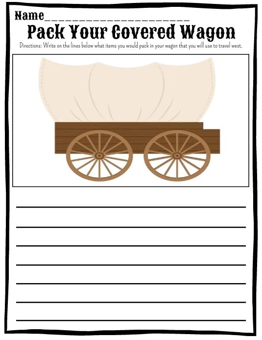 Make a Covered Wagon! worksheet designed for hands-on learning in geometry for second graders. Colorful printable worksheet for creating a paper covered wagon, perfect for second graders learning geometry. Fun project to engage young explorers in the westward expansion theme.