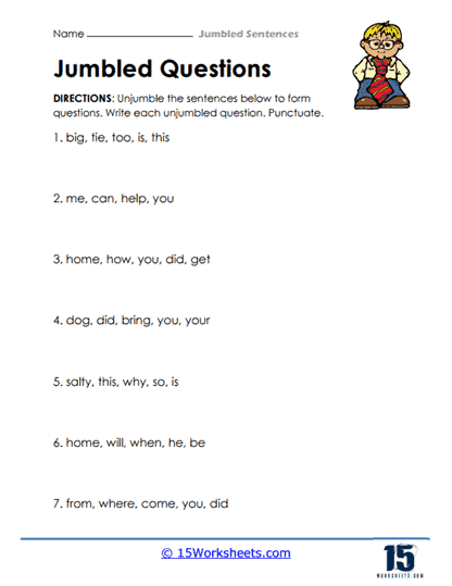 Colorful worksheet featuring scrambled sentences about crazy cakes for second graders