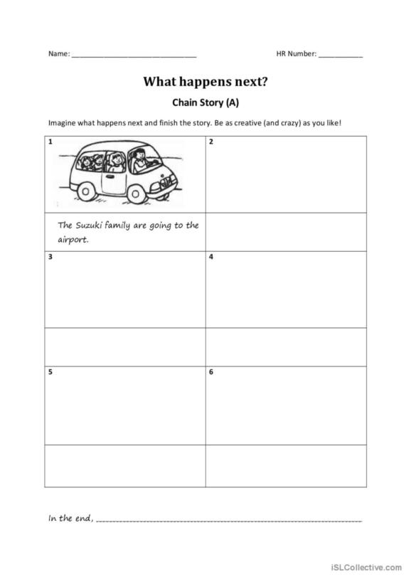 Colorful worksheet for second graders titled "What Happened Next?" focusing on creative writing and inference skills