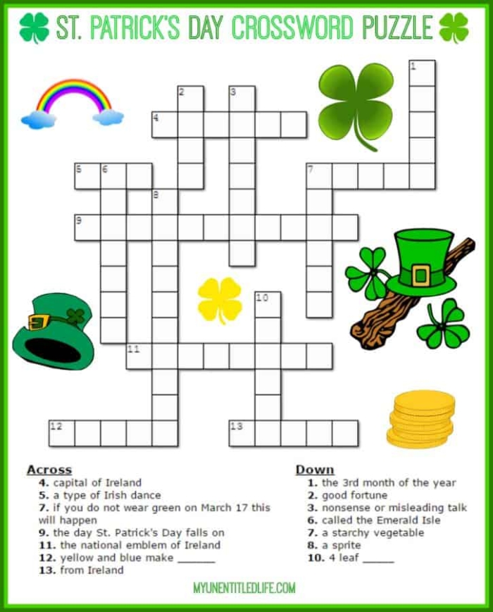St. Patrick's Day Crossword Activity for Grade 2 Grammar Practice Second grade students solving a St. Patrick's Day crossword puzzle worksheet with green holiday themed clues and answers