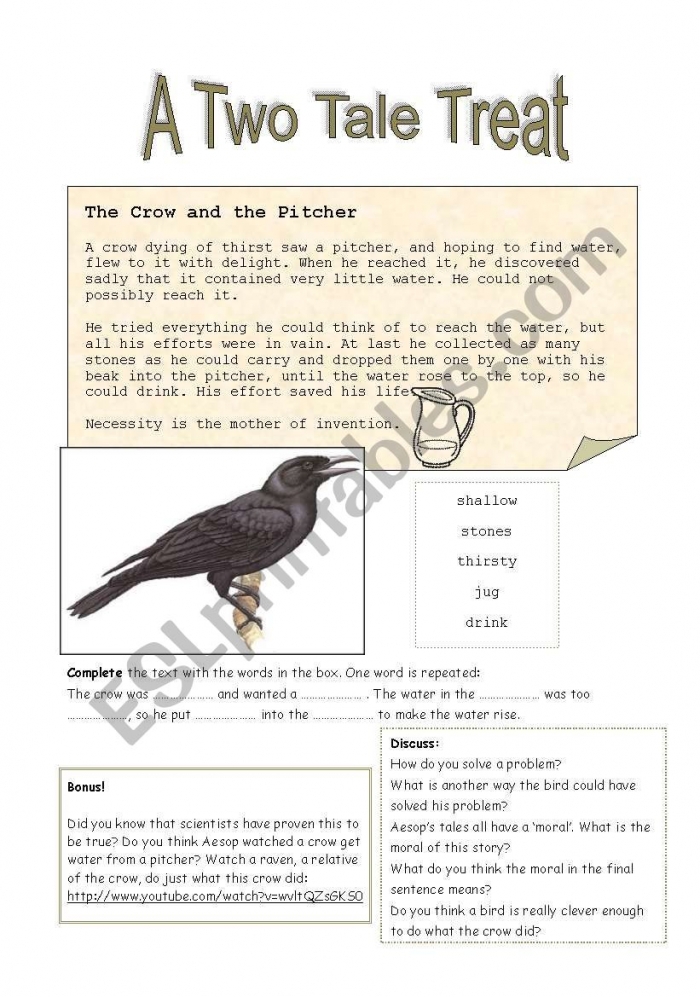 Worksheet featuring The Crow and the Jug for second grade algebra students