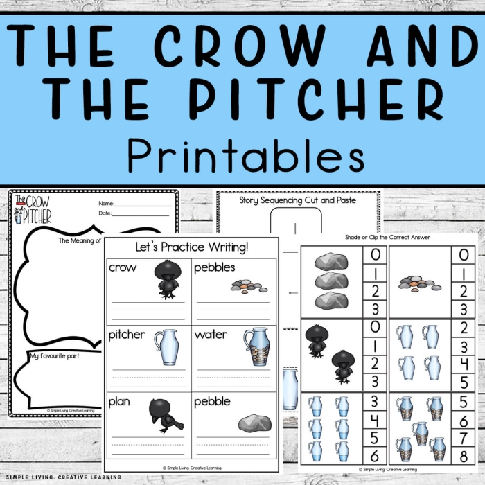 Illustration of a worksheet based on The Crow and the Jug for second graders' algebra lesson