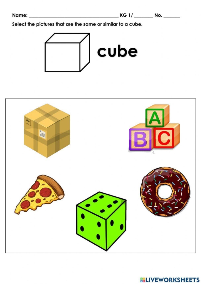 A second grader's cube cut-out template showing six connected squares ready to fold into a three-dimensional cube shape