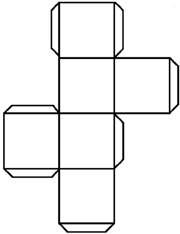 A printable cube cut-out template showing six connected squares for second graders to fold and assemble into a 3-D paper cube