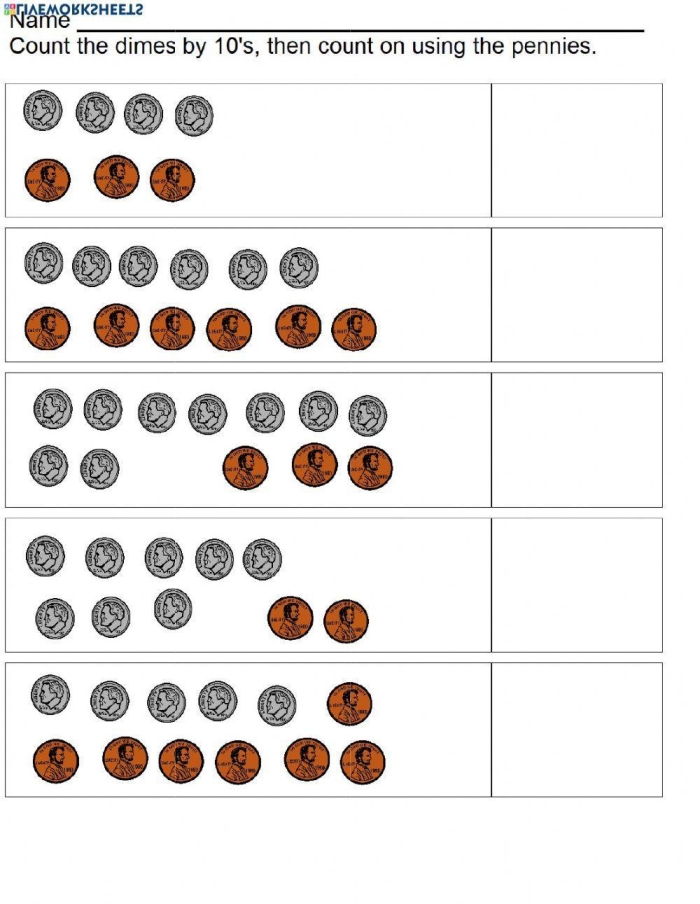Second grade math worksheet focusing on identifying and counting the value of a dime