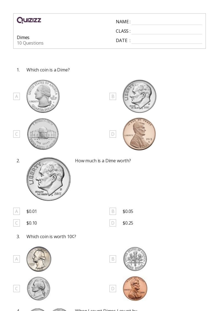 Worksheet for second graders on understanding the value of a dime