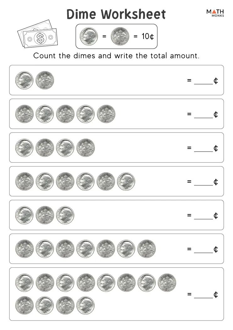 Worksheet for second graders about understanding dimes and their value